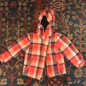 2T winter coat in pink and navy plaid with double zipper snowboard ski coat